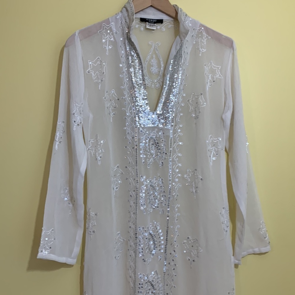 Tokyo Denem White Embroidered Sequin Sheer Long Sleeve Tunic Kimono Dress M - Picture 3 of 17